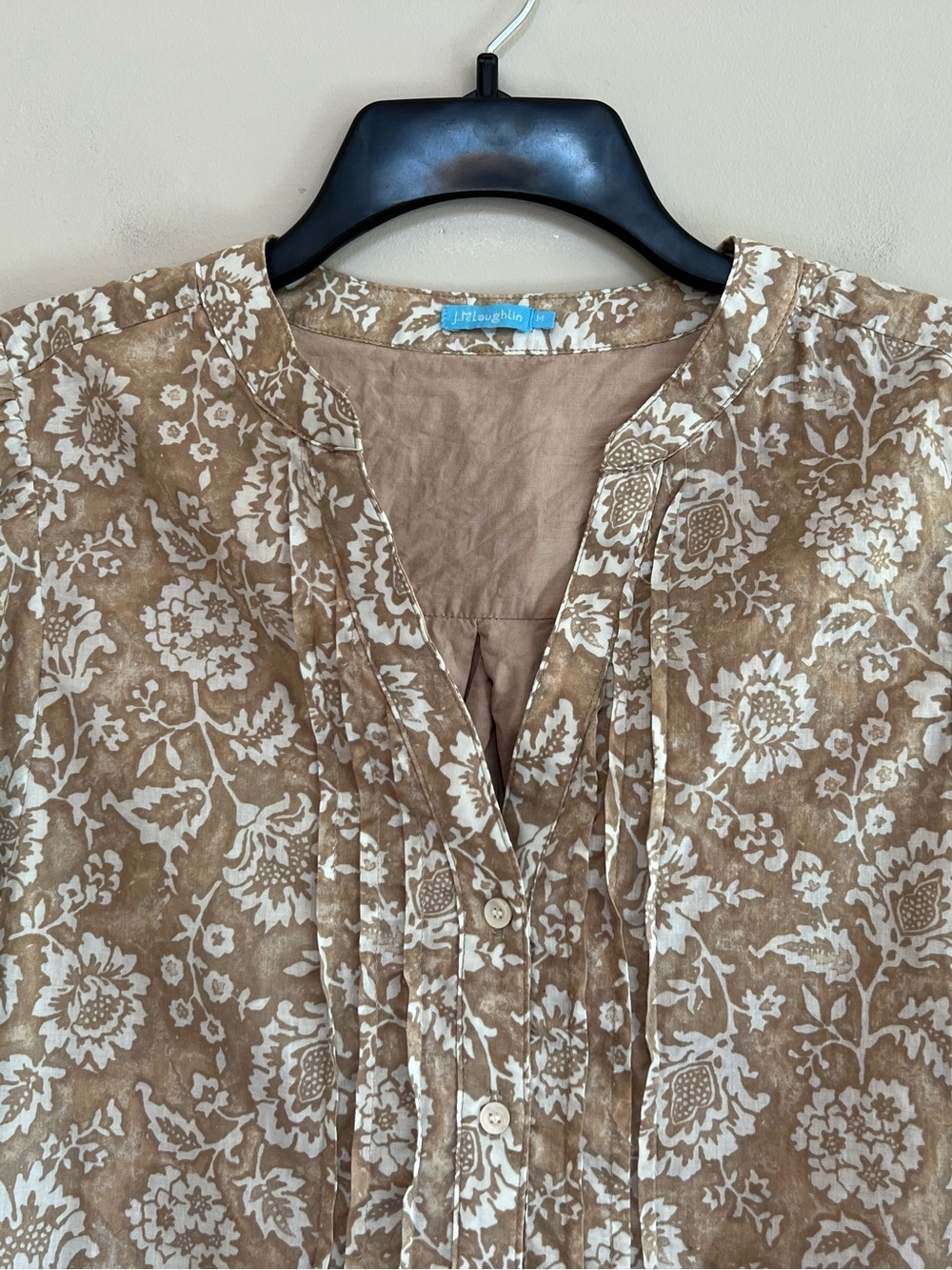J. McLaughlin Cotton Button Front Puff Sleeve Sabina Shift Tan Floral Dress, M - Picture 4 of 12